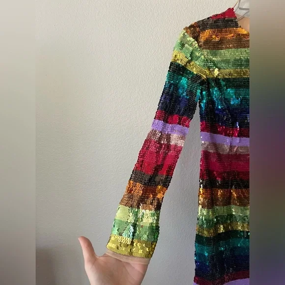 Mac Duggal 93724 Rainbow Sequin Multicolor Striped Long Sleeve Dress Size 2 NWT - Picture 5 of 16